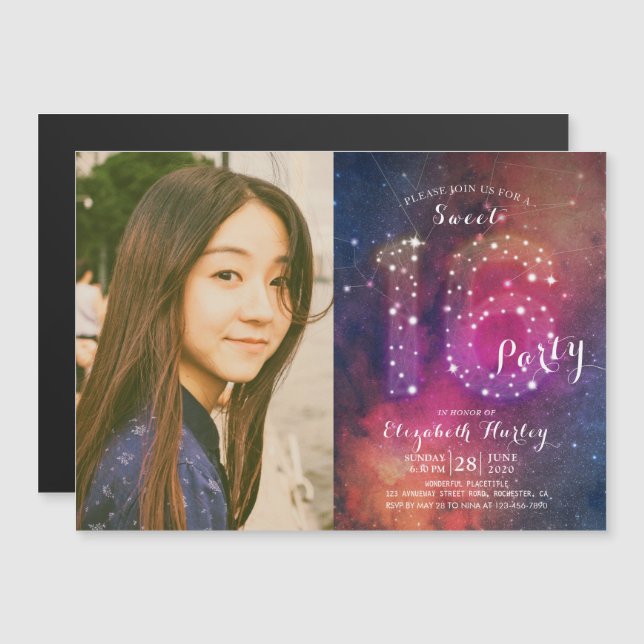 16th Birthday Party Galaxy Constellations Photo Magnetic Invitation (Front/Back)