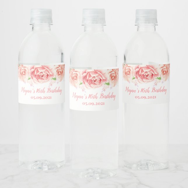 16th Birthday Party Gold Pink Flowers Water Bottle Label (Bottles)