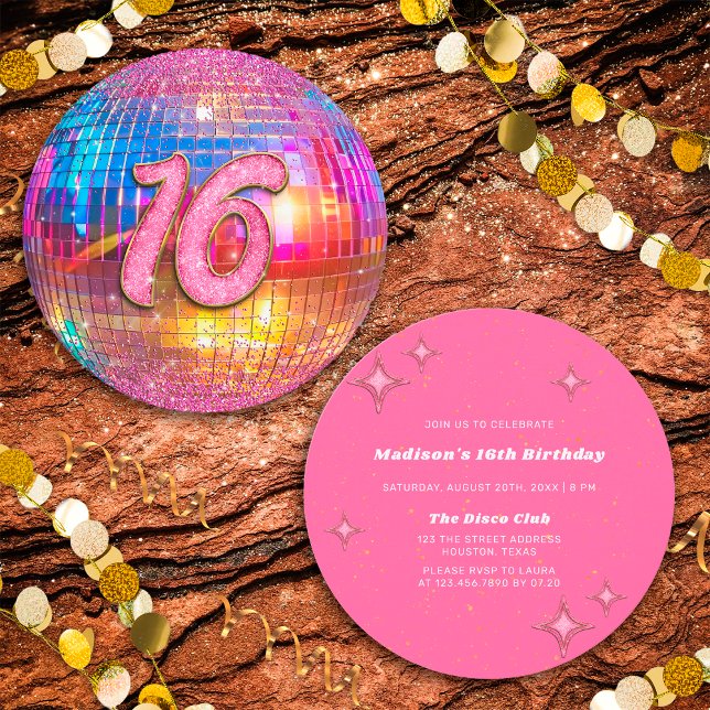 16th Birthday Party Gold Pink Glitter Disco Ball Invitation (Front/Back)