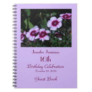 16th Birthday Party Guest Book, Purple Flowers Notebook