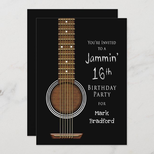 16th Birthday Party Invitation, Acoustic Guitar Invitation (Front/Back)