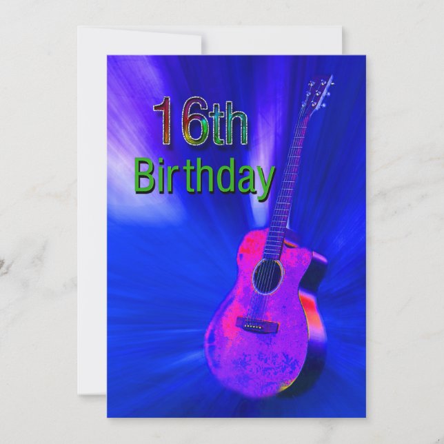16TH Birthday Party Invitation, Guitar, Neon Colou Invitation (Front)