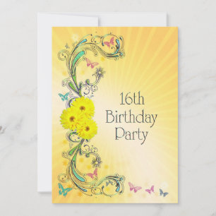 16th Birthday party Invitation with yellow flower
