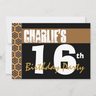 16th Birthday Party Modern Black Gold 2B6 Invitation