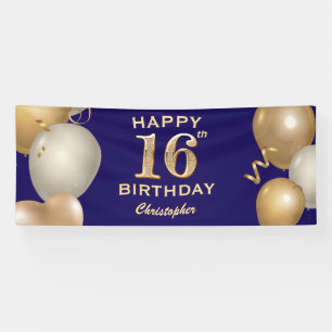 16th Birthday Party Navy Blue and Gold Balloons Banner