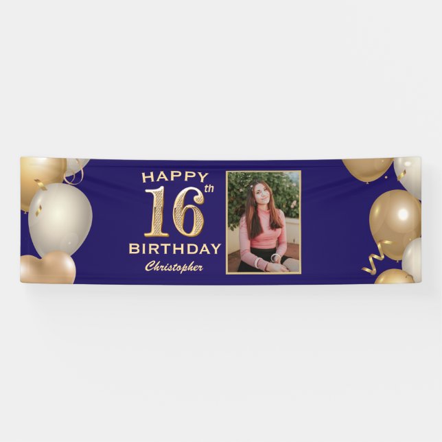 16th Birthday Party Navy Blue and Gold Balloons Banner (Horizontal)