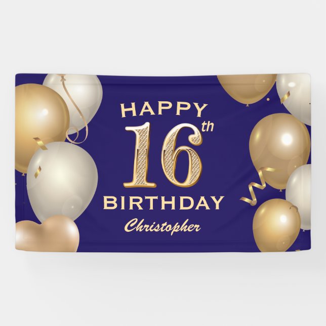 16th Birthday Party Navy Blue and Gold Balloons Banner (Horizontal)