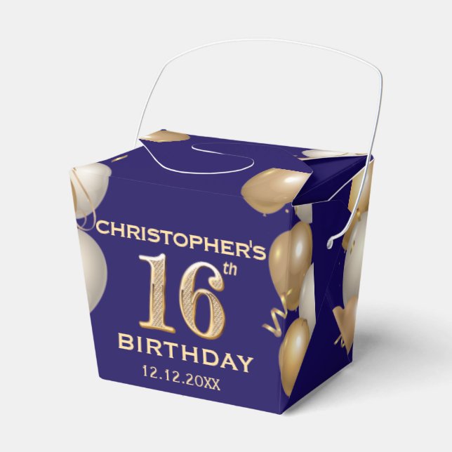 16th Birthday Party Navy Blue and Gold Balloons Favour Box (Front Side)
