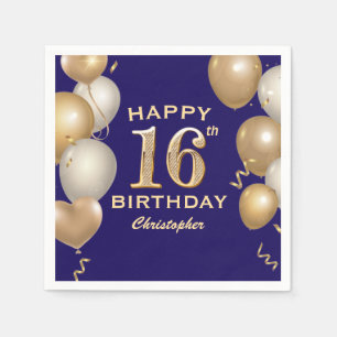 16th Birthday Party Navy Blue and Gold Balloons Napkin