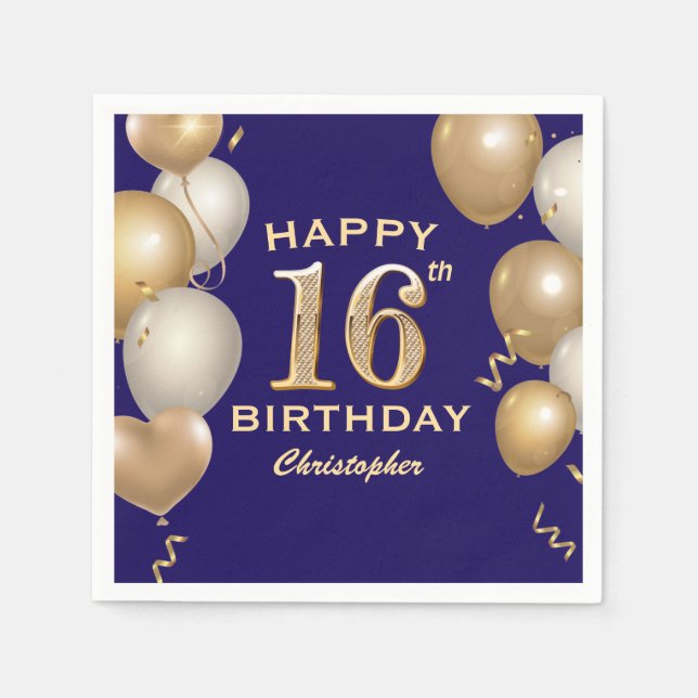 16th Birthday Party Navy Blue and Gold Balloons Napkin (Front)