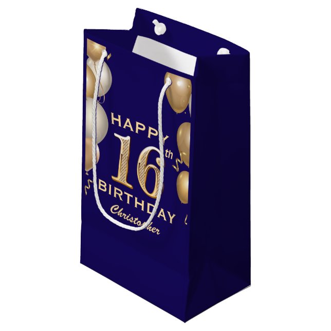 16th Birthday Party Navy Blue and Gold Balloons Small Gift Bag (Front Angled)