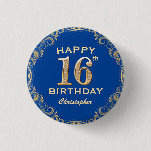 16th Birthday Party Navy Blue and Gold Glitter 3 Cm Round Badge