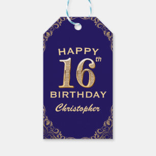 16th Birthday Party Navy Blue and Gold Glitter Gift Tags