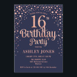 16th Birthday Party - Navy & Rose Gold Invitation<br><div class="desc">16th Birthday Party Invitation.
Elegant design in navy blue and faux glitter rose gold. Features stylish script font and confetti. Message me if you need custom age.</div>