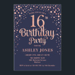 16th Birthday Party - Navy & Rose Gold Invitation<br><div class="desc">16th Birthday Party Invitation.
Elegant design in navy blue and faux glitter rose gold. Features stylish script font and confetti. Message me if you need custom age.</div>