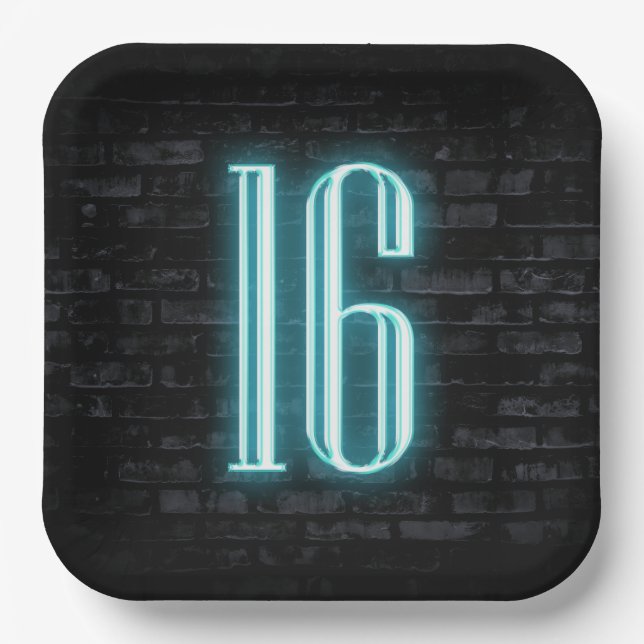 16th Birthday Party Neon Sign on Brick  Paper Plate (Front)