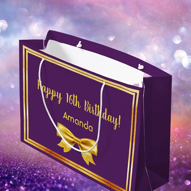 16th birthday party on purple gold frame name bow large gift bag (Creator Uploaded)