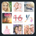 16th birthday party photo collage monogram square sticker<br><div class="desc">A sticker for a girly 16th birthday party,  celebrating her life with a collage of 8 of your photos.  Templates for a name,  age 16 and a date.  Date of birth or the date of the party.  Coral and burgundy coloured letters.  White background.</div>