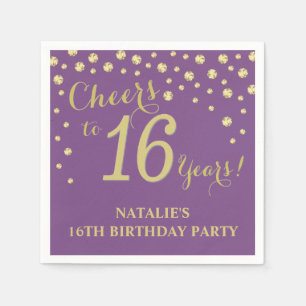 16th Birthday Party Purple and Gold Diamond Napkin