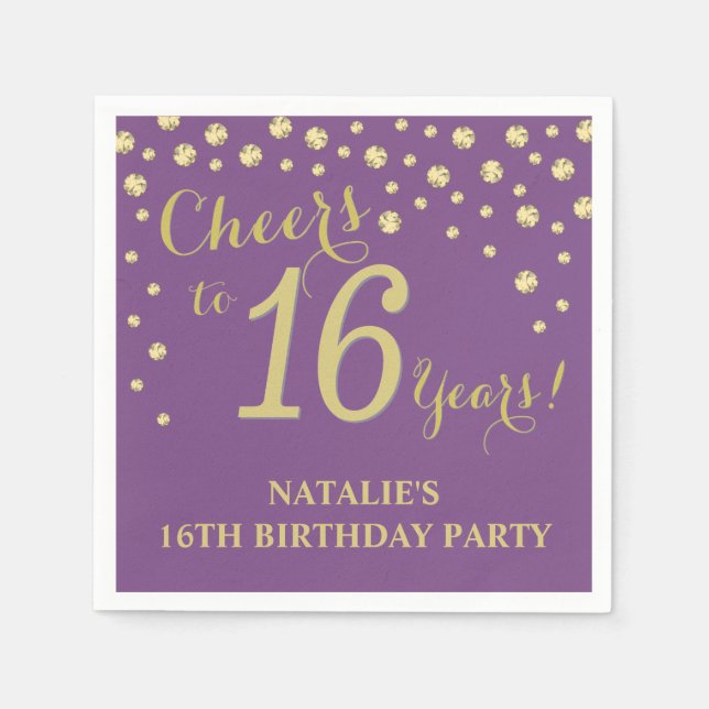 16th Birthday Party Purple and Gold Diamond Napkin (Front)