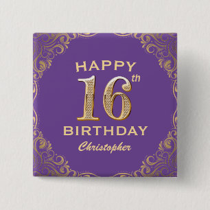 16th Birthday Party Purple and Gold Glitter Frame 15 Cm Square Badge