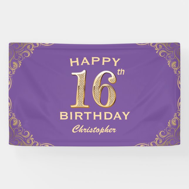 16th Birthday Party Purple and Gold Glitter Frame Banner (Horizontal)