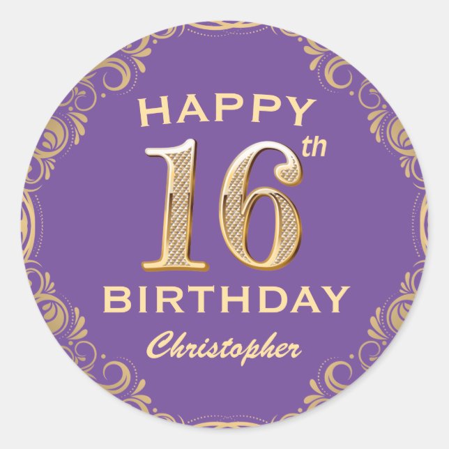 16th Birthday Party Purple and Gold Glitter Frame Classic Round Sticker (Front)