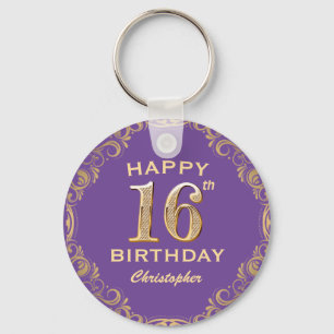16th Birthday Party Purple and Gold Glitter Frame Key Ring