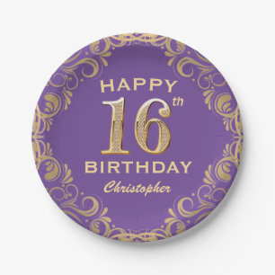 16th Birthday Party Purple and Gold Glitter Frame Paper Plate