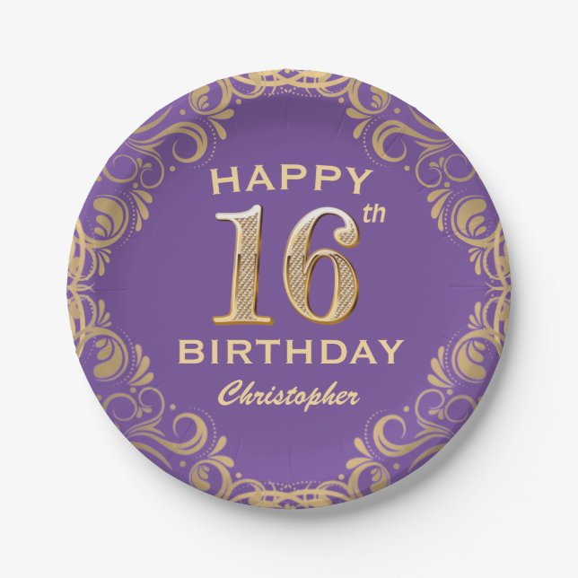 16th Birthday Party Purple and Gold Glitter Frame Paper Plate (Front)