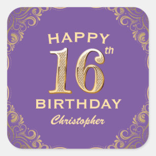16th Birthday Party Purple and Gold Glitter Frame Square Sticker