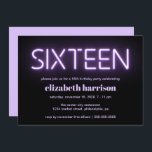 16th Birthday Party Purple Neon Lights Invitation<br><div class="desc">Cool modern 16th birthday party invitation with "sixteen" in purple glowing neon lights against a black background.</div>
