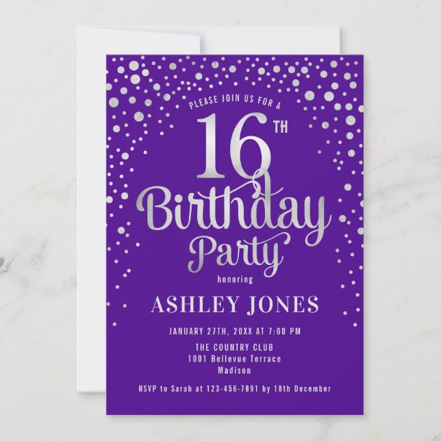 16th Birthday Party - Purple & Silver Invitation (Front)