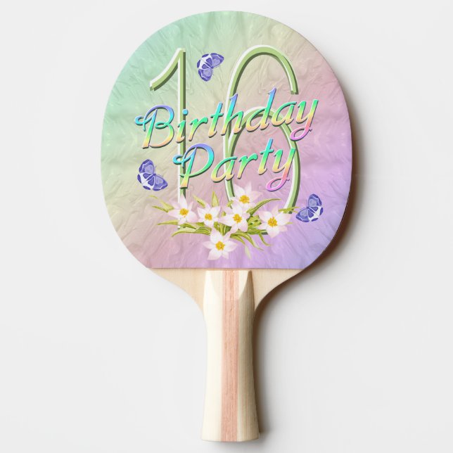 16th Birthday Party Rainbow and Butterflies Ping Pong Paddle (Back)