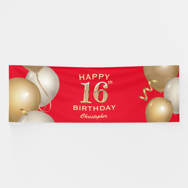 16th Birthday Party Red and Gold Balloons Banner (Horizontal)