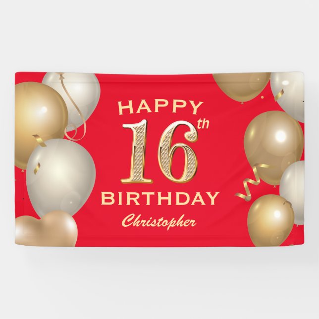 16th Birthday Party Red and Gold Balloons Banner (Horizontal)