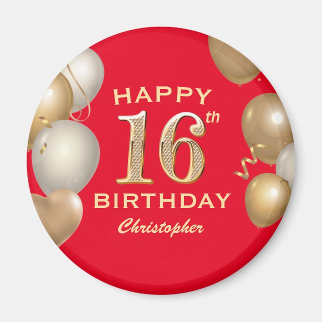 16th Birthday Party Red and Gold Balloons Magnet (Front)