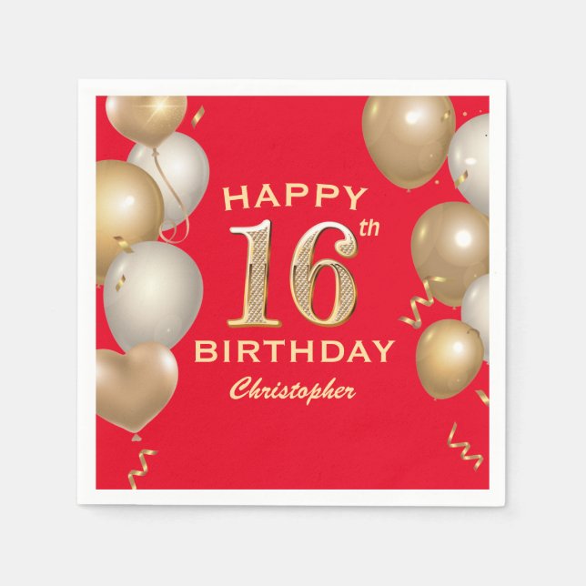 16th Birthday Party Red and Gold Balloons Napkin (Front)