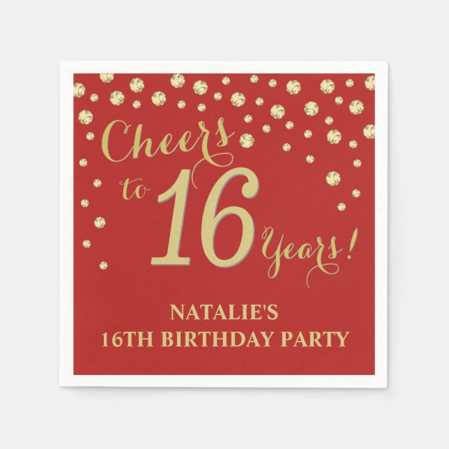 16th Birthday Party Red and Gold Diamond Napkins (Front)