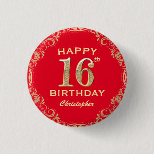 16th Birthday Party Red and Gold Glitter Frame 3 Cm Round Badge