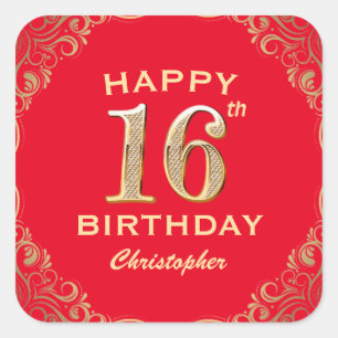 16th Birthday Party Red and Gold Glitter Frame Square Sticker