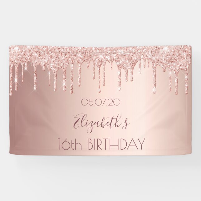 16th birthday party rose gold blush glitter drips banner (Horizontal)