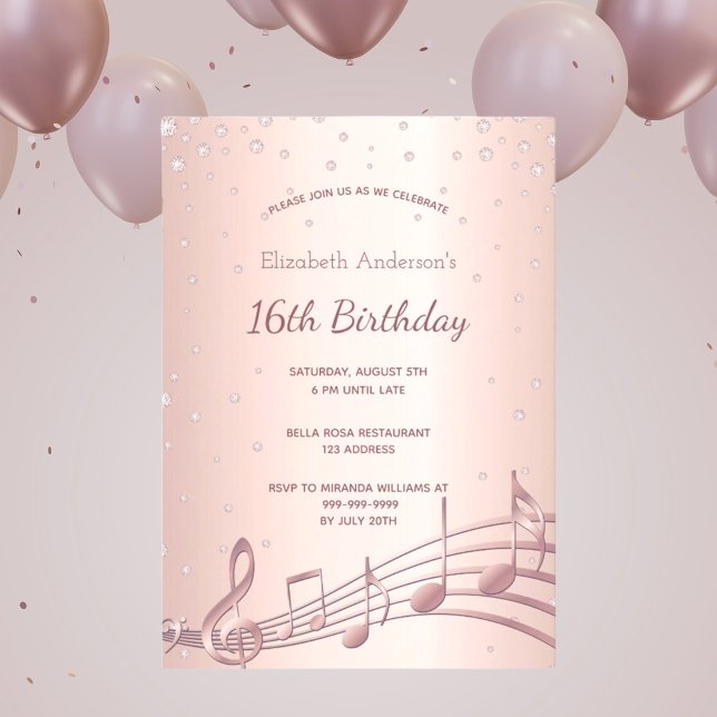 16th birthday party rose gold diamonds music invitation (Creator Uploaded)