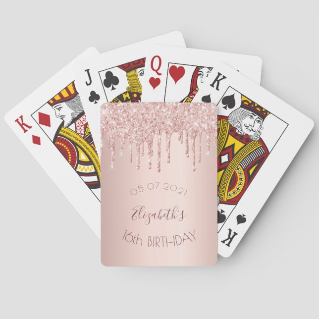 16th birthday party rose gold glitter drips glam playing cards (Back)