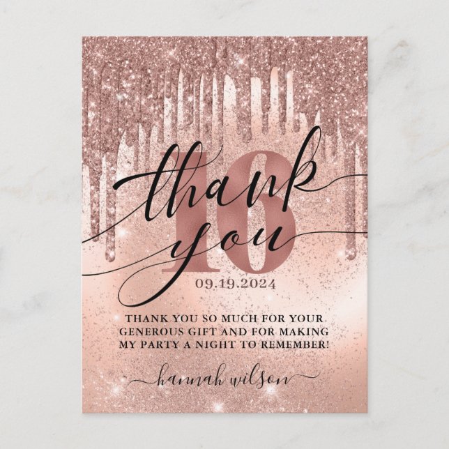 16th Birthday Party Rose Gold Thank You Postcard (Front)