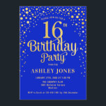 16th Birthday Party - Royal Blue & Gold Invitation<br><div class="desc">16th Birthday Party Invitation.
Elegant design in royal blue and faux glitter gold. Features stylish script font and confetti. Message me if you need custom age.</div>