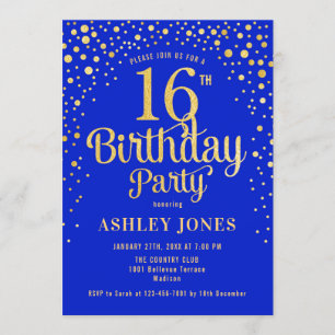 16th Birthday Party - Royal Blue & Gold Invitation