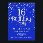 16th Birthday Party - Royal Blue & Silver Invitation<br><div class="desc">16th Birthday Party Invitation.
Elegant design in royal blue and faux glitter silver. Features stylish script font and confetti. Message me if you need custom age.</div>