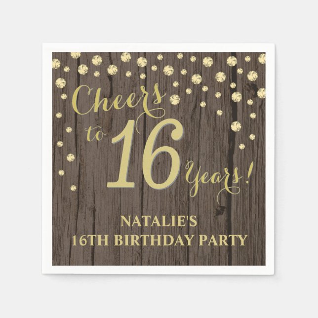 16th Birthday Party Rustic Wood and Gold Diamond N Napkin (Front)