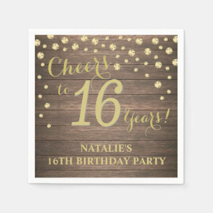 16th Birthday Party Rustic Wood and Gold Diamond Napkin
